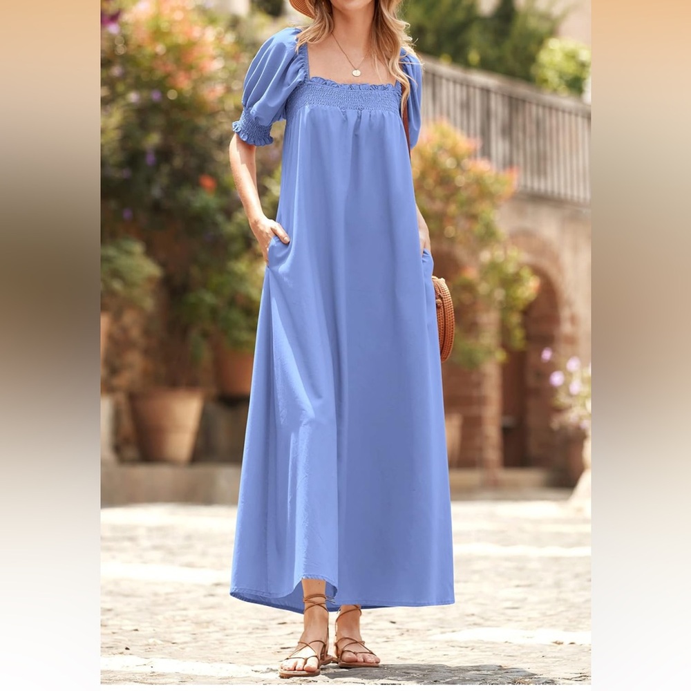Kirundo Smocked Puff-Sleeve Maxi Dress • Light Blue • Size Small